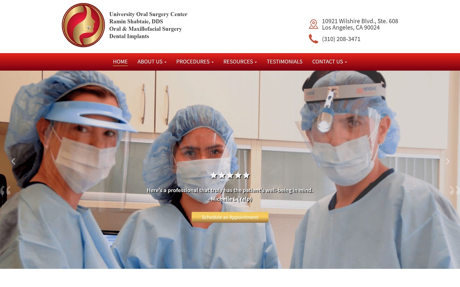 The screenshot of university oral surgery center implantsinla. Com dr. Ramin shabtaie website