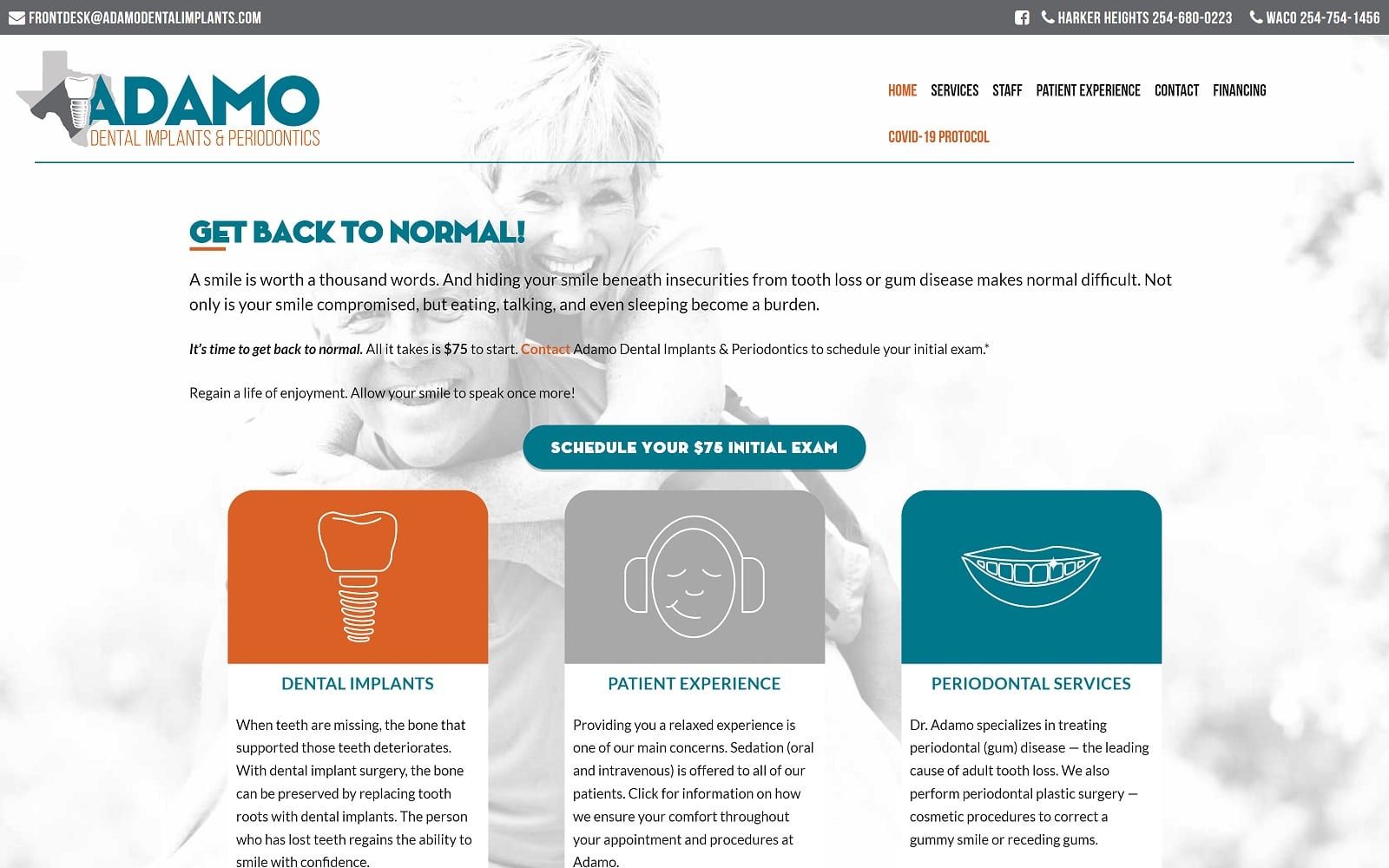 The Screenshot of Adamo Dental Implants & Periodontics adamodentalimplants.com Website