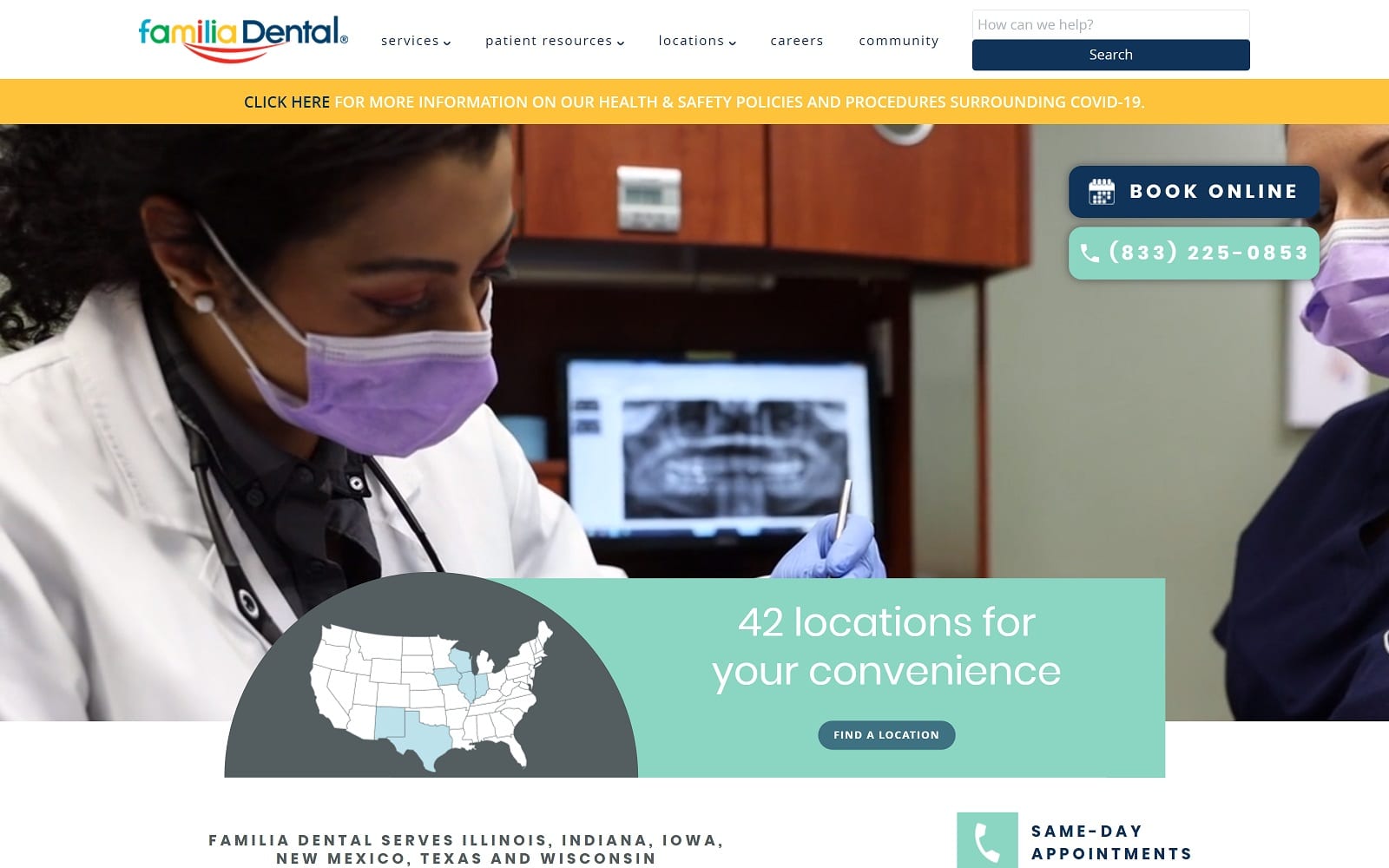 The screenshot of familia dental website