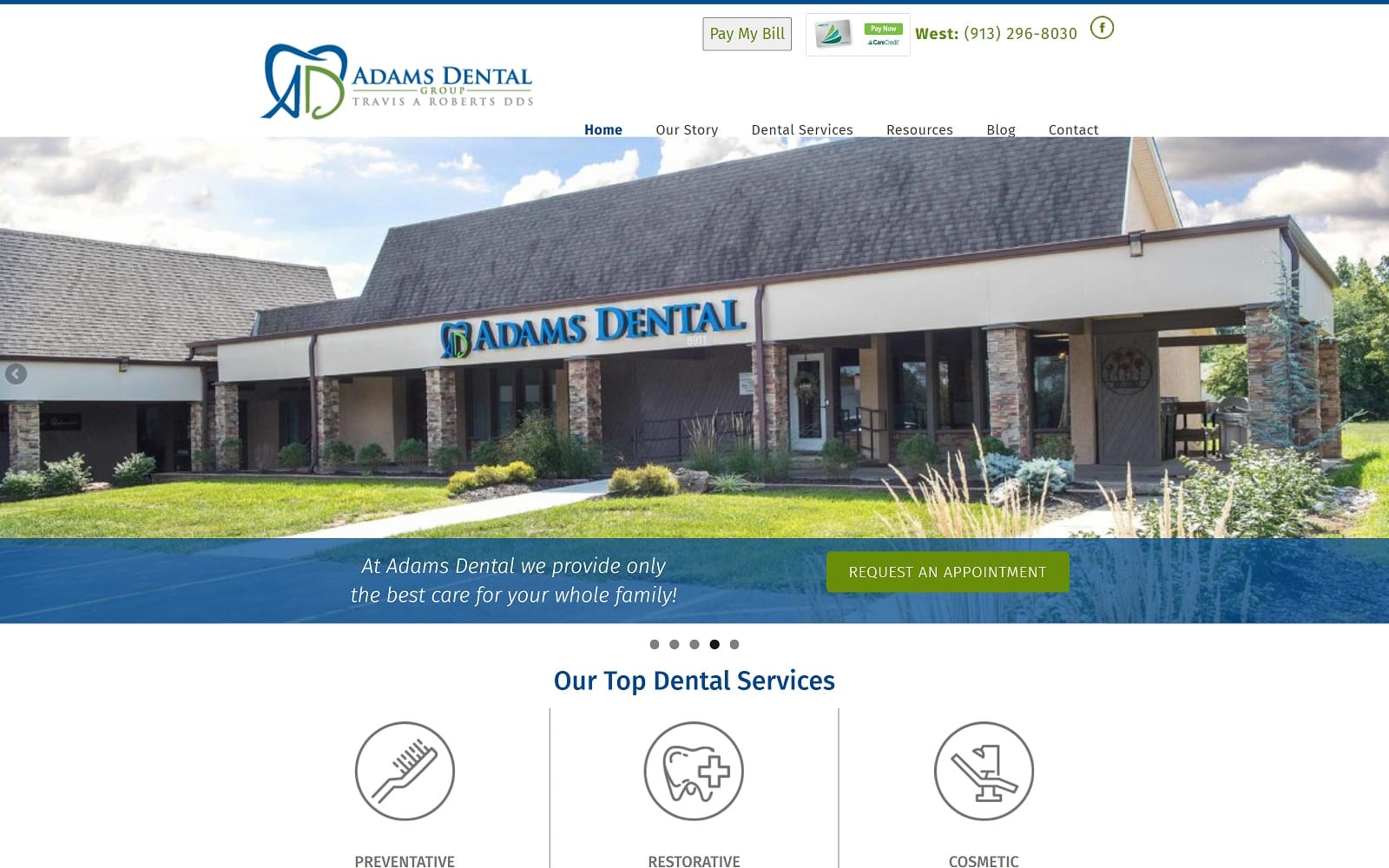 The Screenshot of Adams Dental Group West dentistkansascityks.com Dr. Travis Roberts Website
