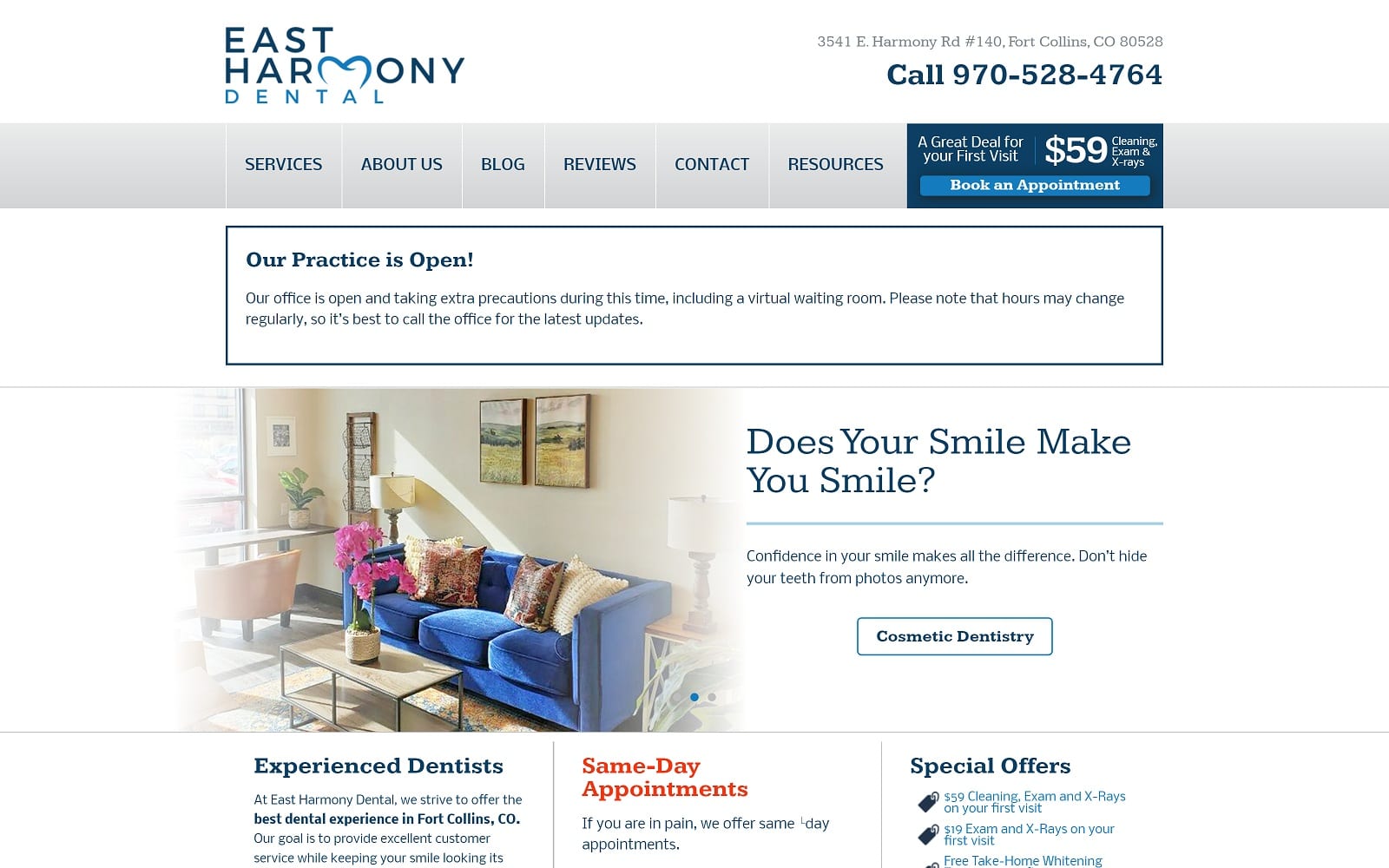 The screenshot of east harmony dental eastharmonydental. Com website