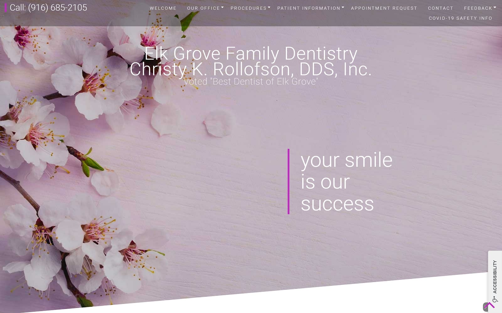 The screenshot of elk grove family dentistry elkgrovedds. Com dr. Christy rollofson website