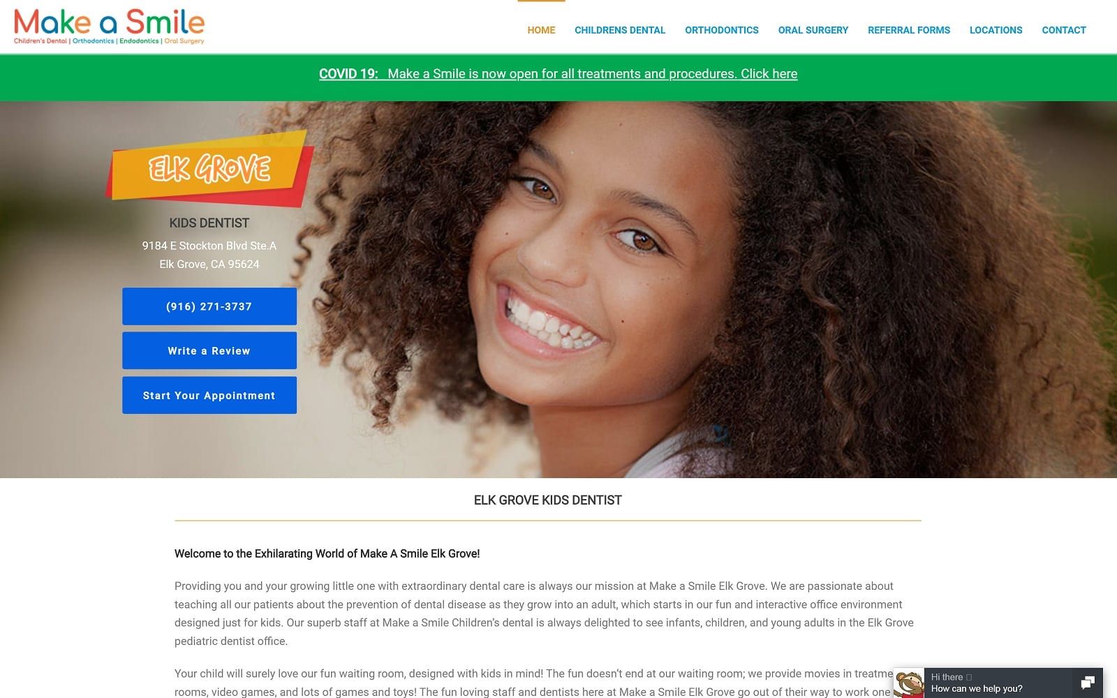 The Screenshot of Make A Smile - Children's Dental, Orthodontics, Endodontics, Oral Surgery makeasmile.com/elk-grove Website
