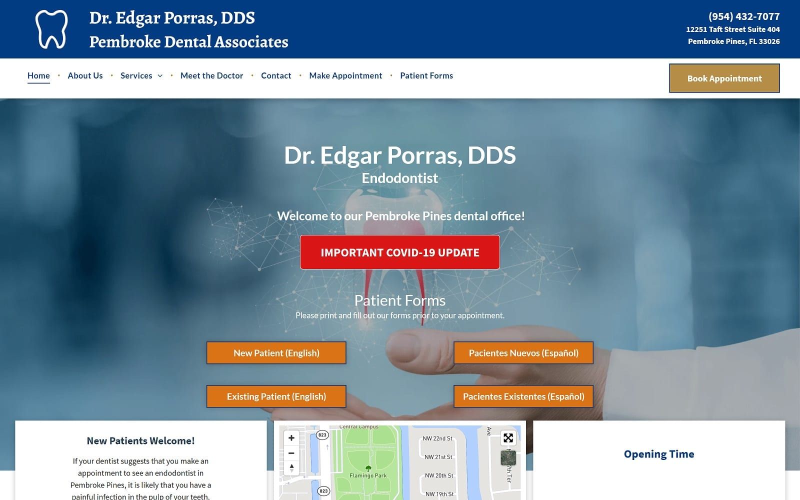 The Screenshot of Dr. Edgar Porras, DDS - Pembroke Dental Associates pembrokepinesrootcanal.com Website