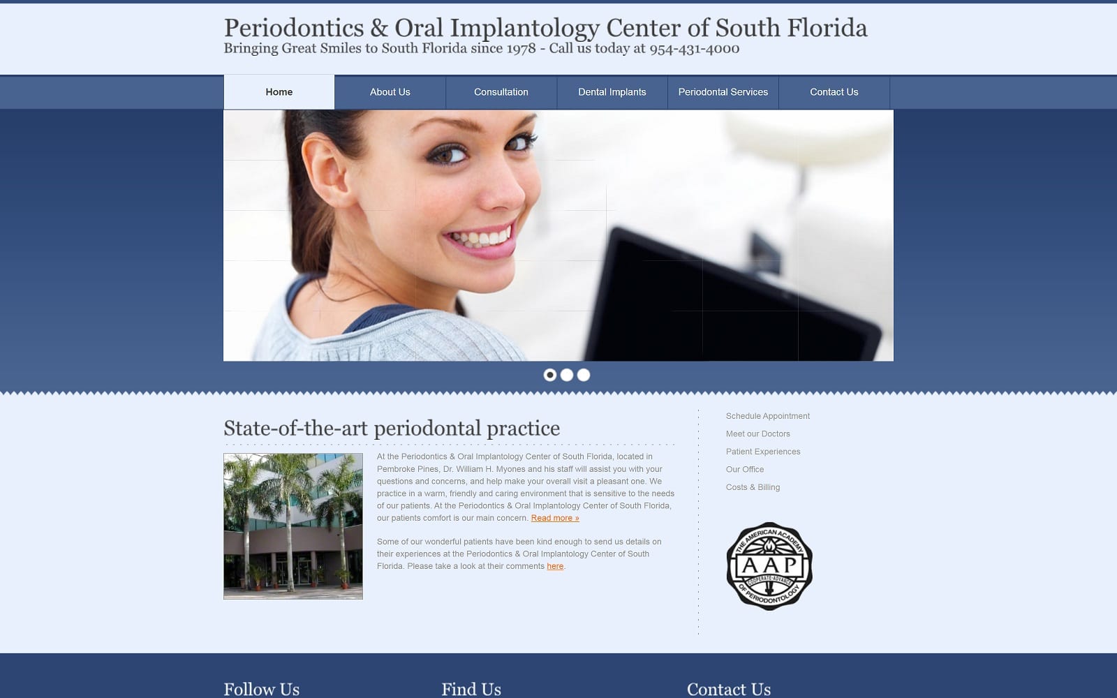 The screenshot of periodontics & oral implantology center of south florida pinesperio. Com dr. William h. Myones website
