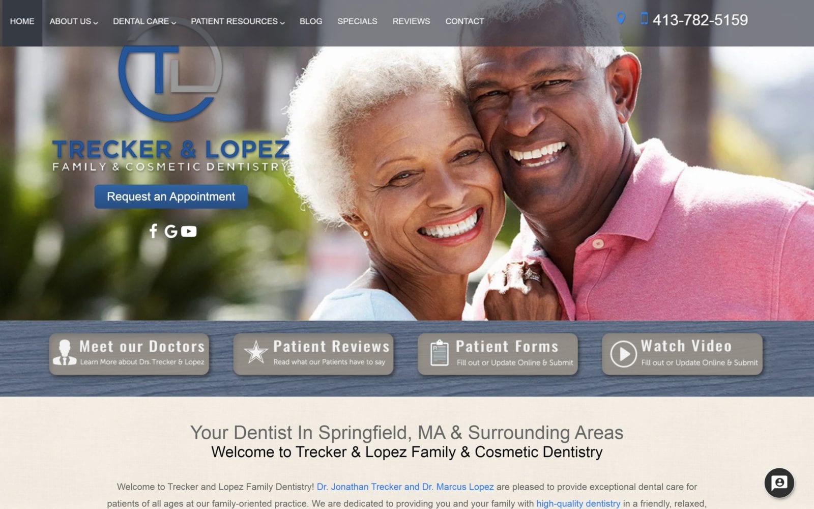 The screenshot of trecker and lopez family dentistry treckerlopezdental. Com website