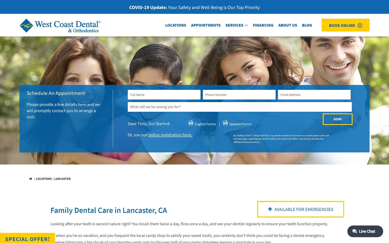 The screenshot of family dental practice of lancaster westcoastdental. Com/locations/lancaster website