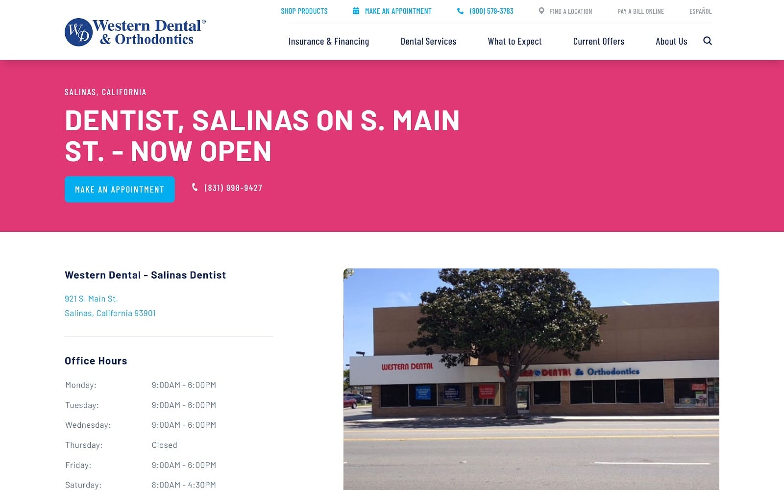 The Screenshot of Western Dental & Orthodontics westerndental.com/en-us/find-a-location/california/salinas/921-s-main-st Website