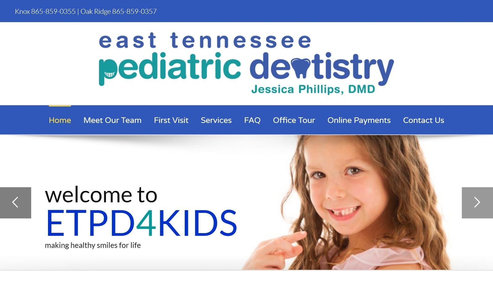 The screenshot of east tennessee pediatric dentistry etpd4kids. Com dr. Jessica phillips website