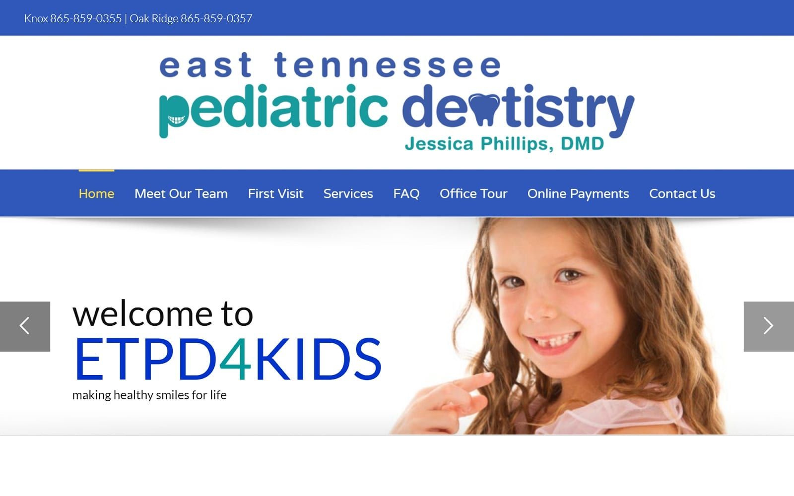 The Screenshot of East Tennessee Pediatric Dentistry etpd4kids.com Dr. Jessica Phillips Website