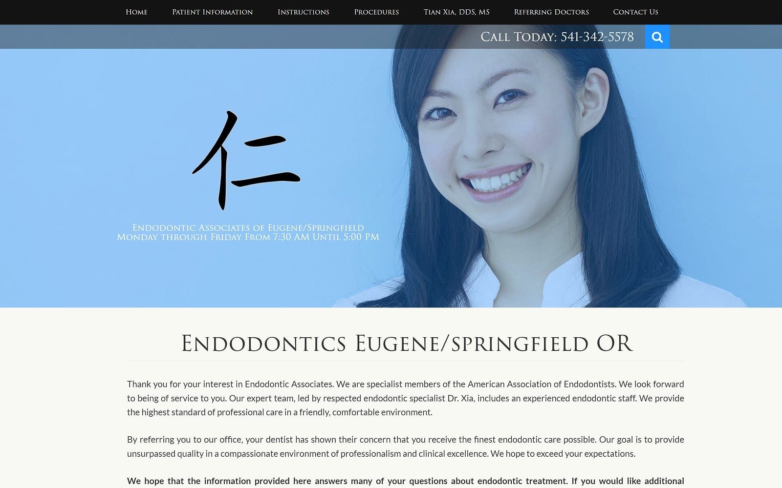 The Screenshot of Dr. Tian Xia, DDS, MS eugenerootcanal.com Website