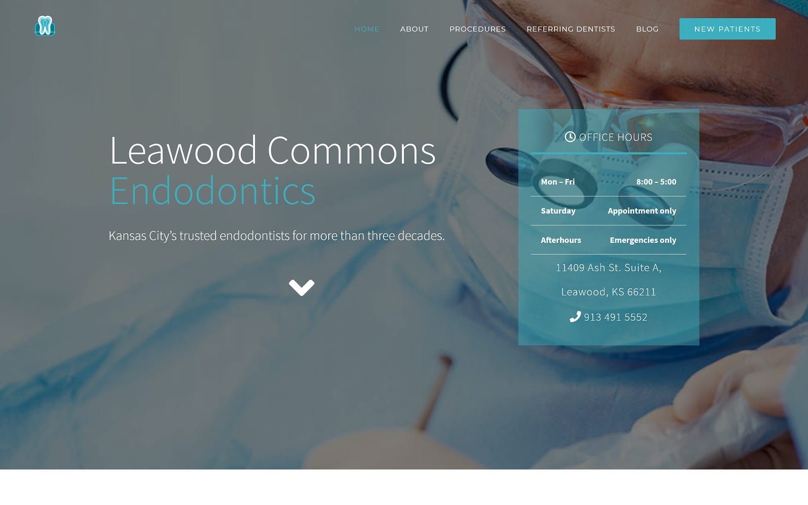 The Screenshot of Leawoods Commons Endodontics leawoodendodontics.com Website