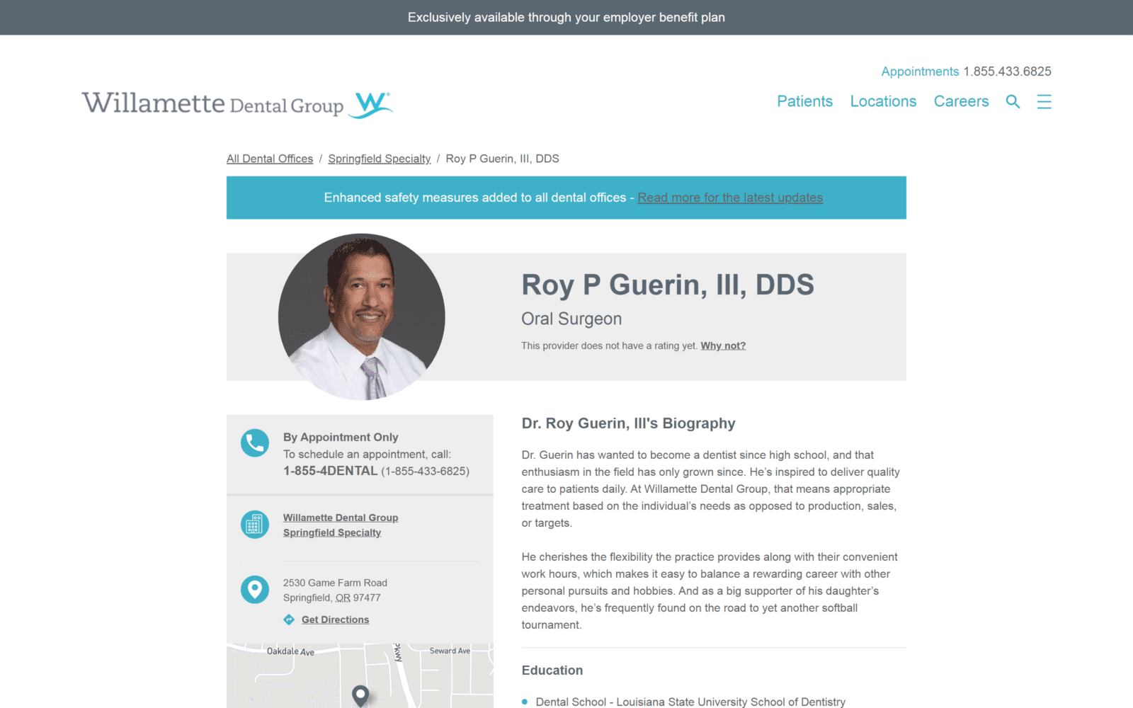 The Screenshot of Roy P Guerin, III, DDS locations.willamettedental.com/or/springfield/2530-game-farm-road/roy-guerin--iii.html Website
