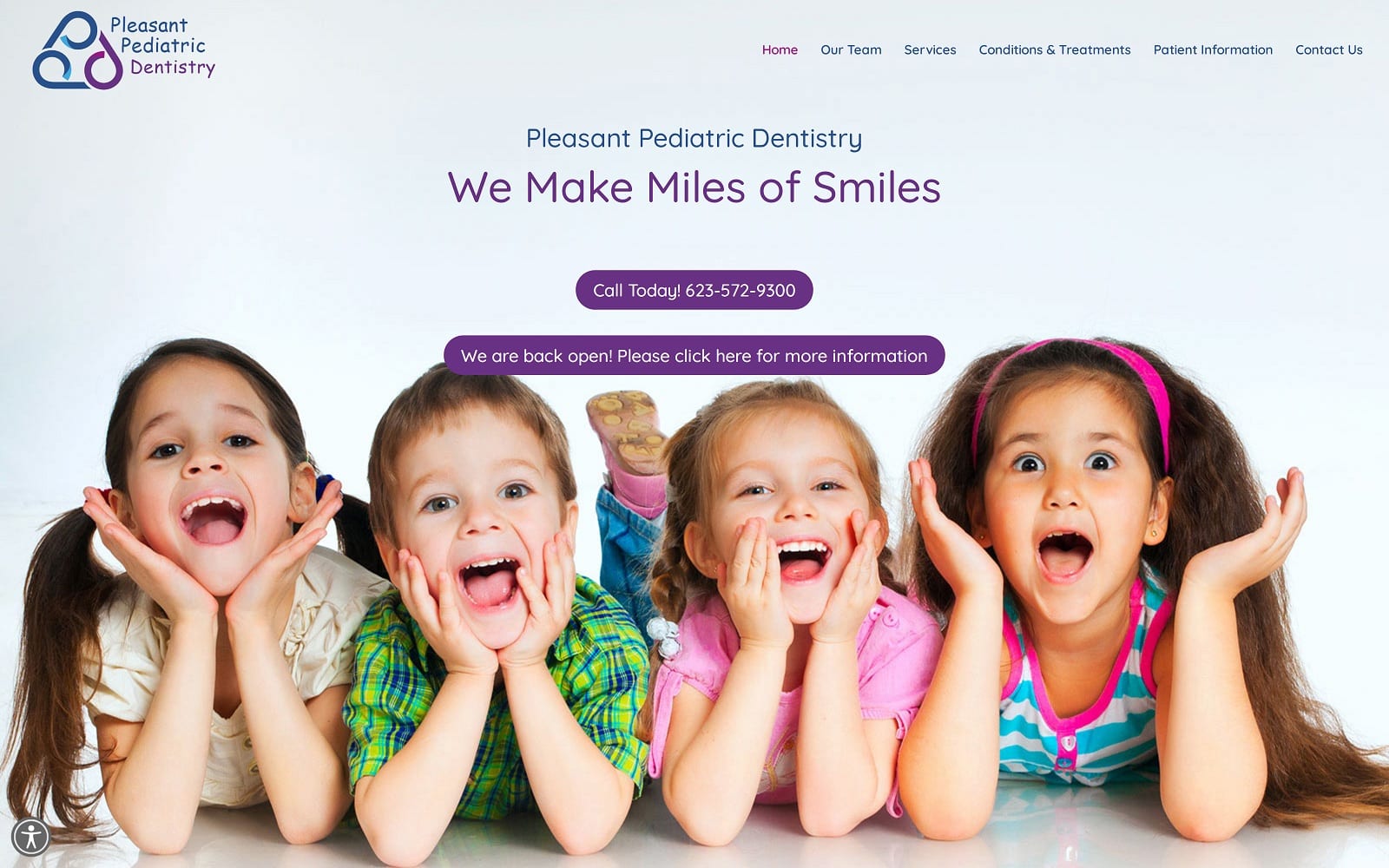 The screenshot of pleasant pediatric dentistry peoriappd. Com website