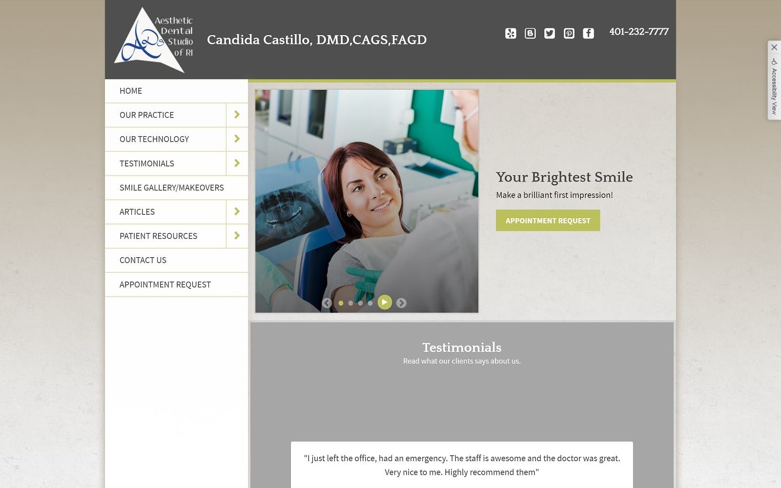 The Screenshot of Aesthetic Dental Studio of RI smileri.com Dr. Candida Castillo Website