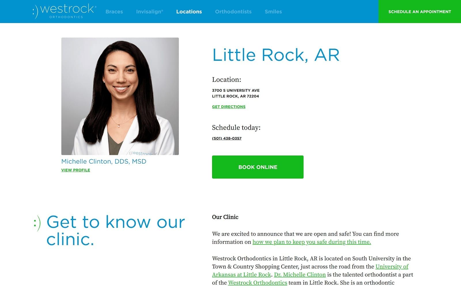 The Screenshot of Westrock Orthodontics westrockortho.com/location/little-rock-ar-s-university Dr. Michelle Clinton Website
