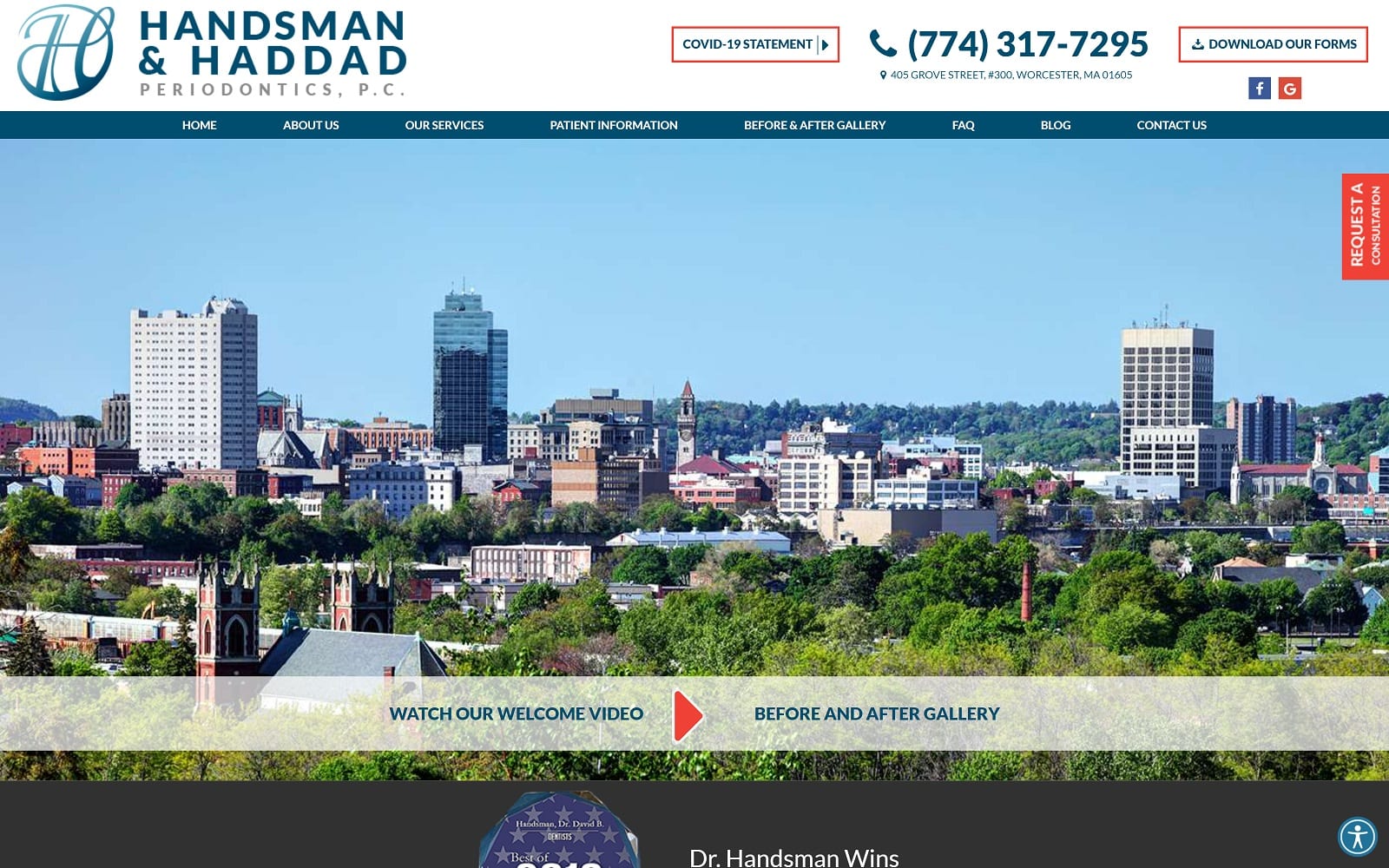 The Screenshot of Handsman & Haddad Periodontics, P.C. worcesterdentalimplants.com Website