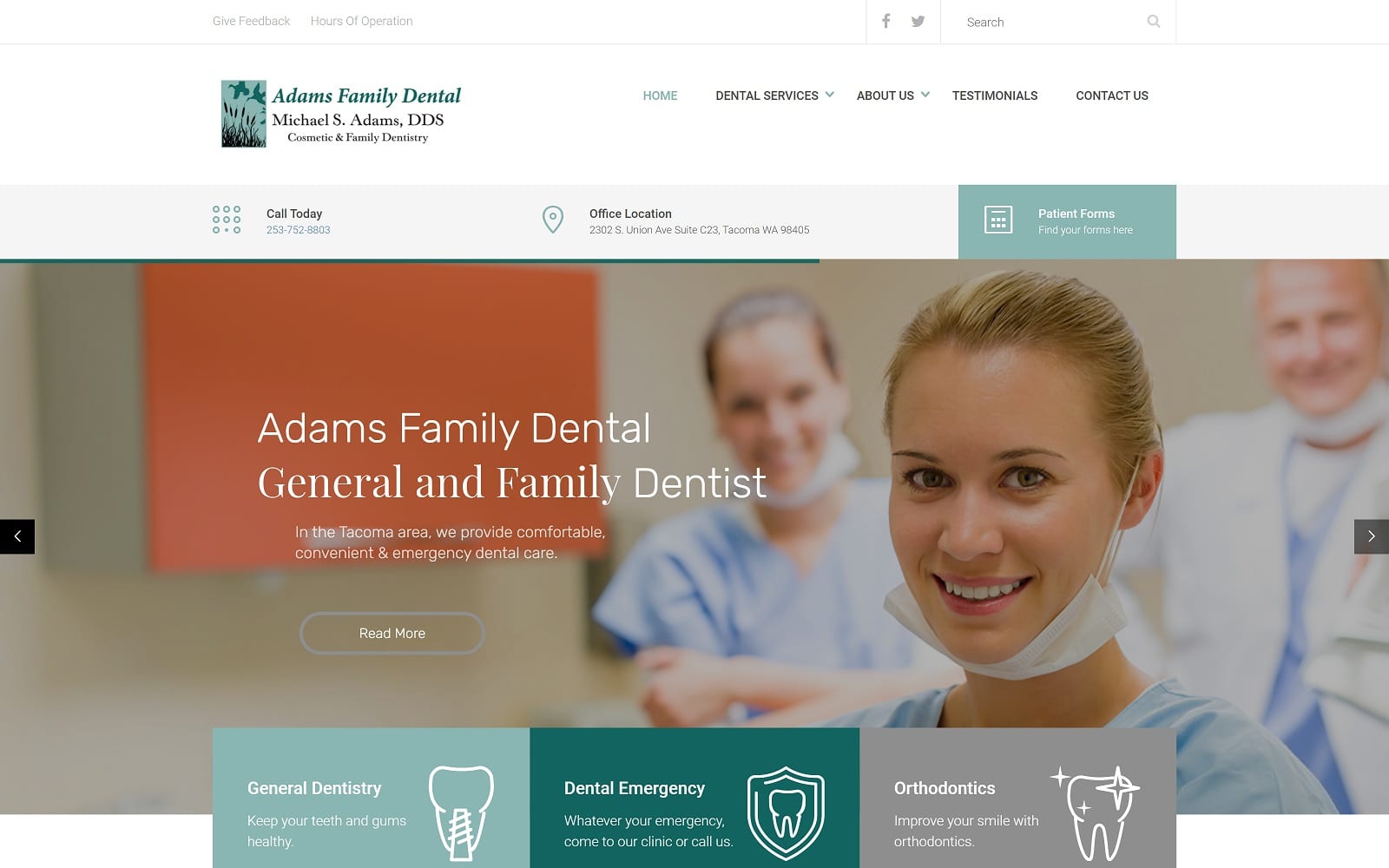The Screenshot of Adams Family Dental adamsfamilydentaltacoma.com Website