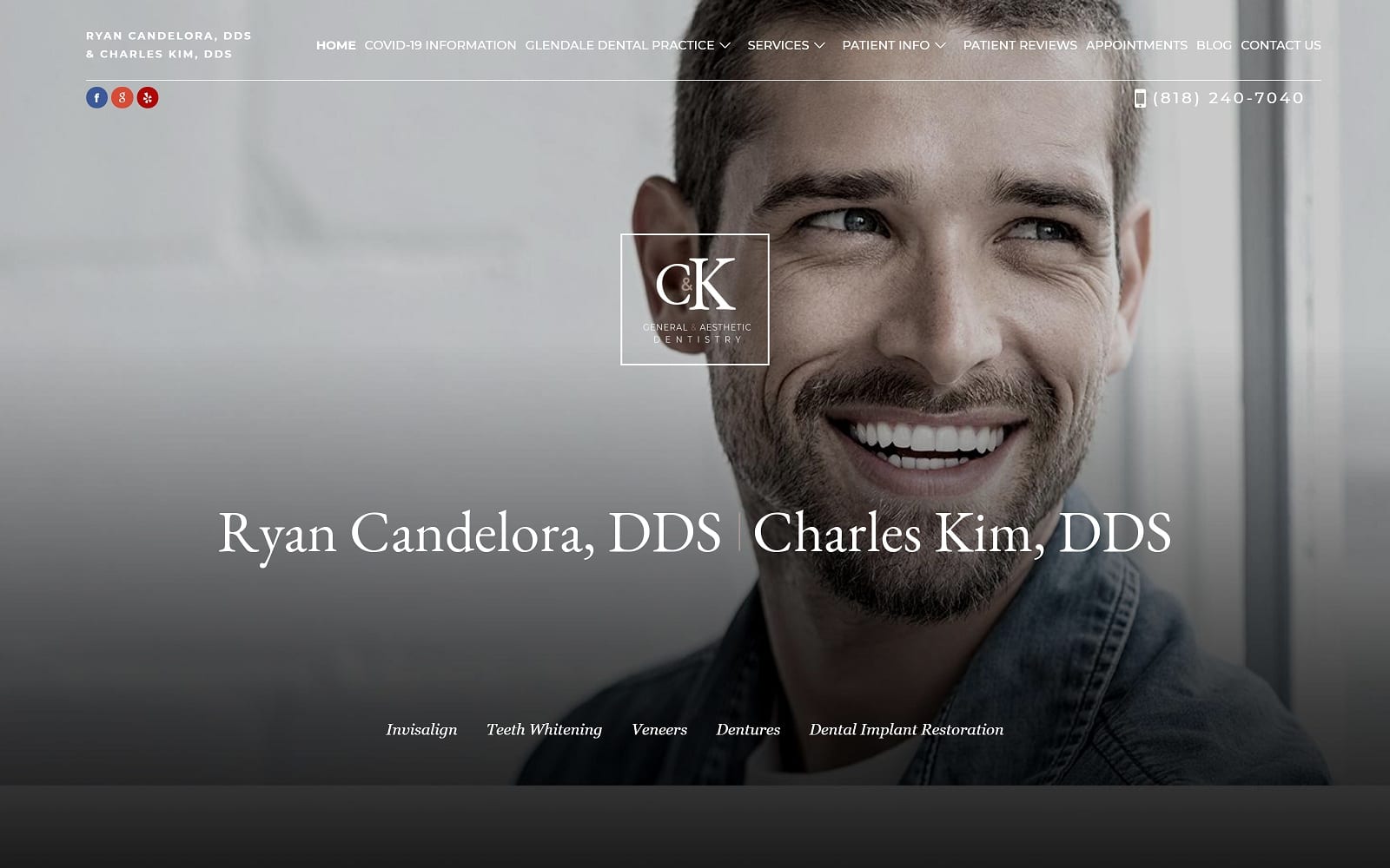 The screenshot of ryan candelora, dds & charles kim, dds - glendale dentist centraldentalarts. Com/glendale-dental-practice website