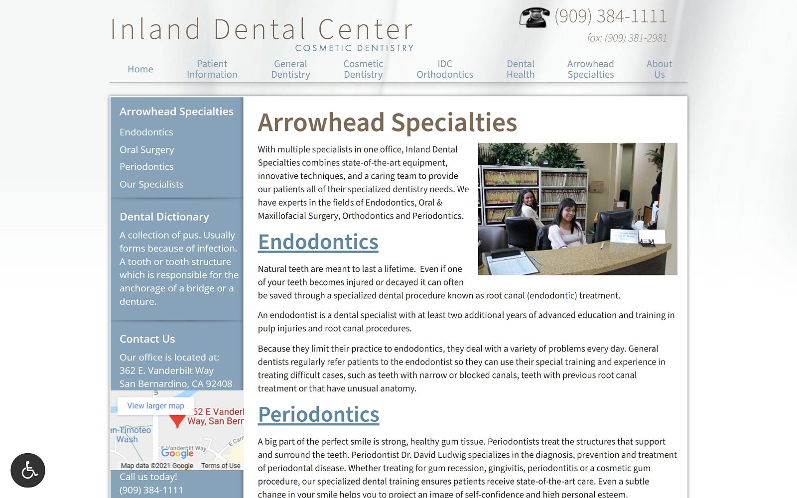 The Screenshot of Arrowhead Dental Specialities idcsanbernardino.com/arrowhead-specialties Website