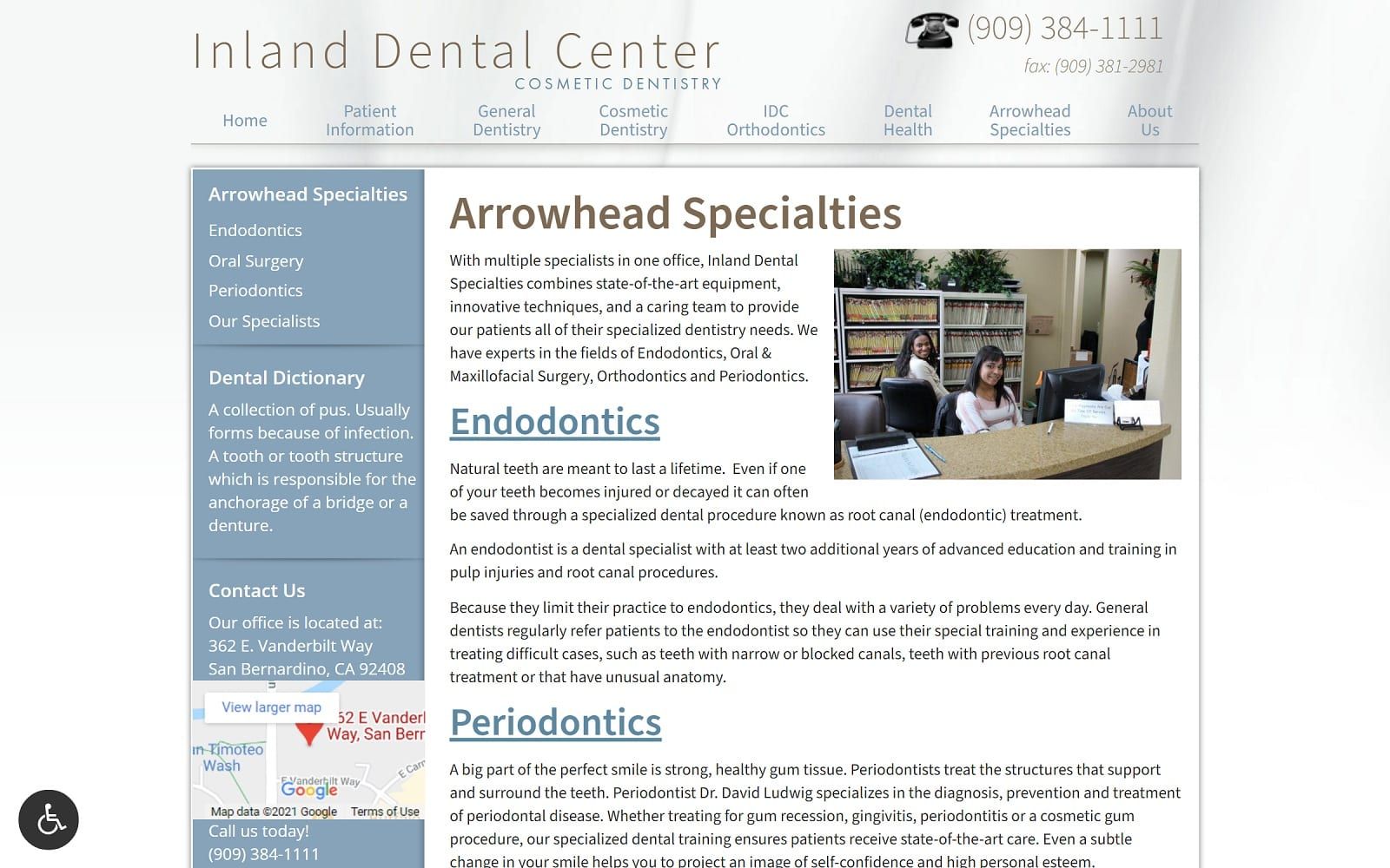 The Screenshot of Arrowhead Dental Specialities idcsanbernardino.com/arrowhead-specialties Website
