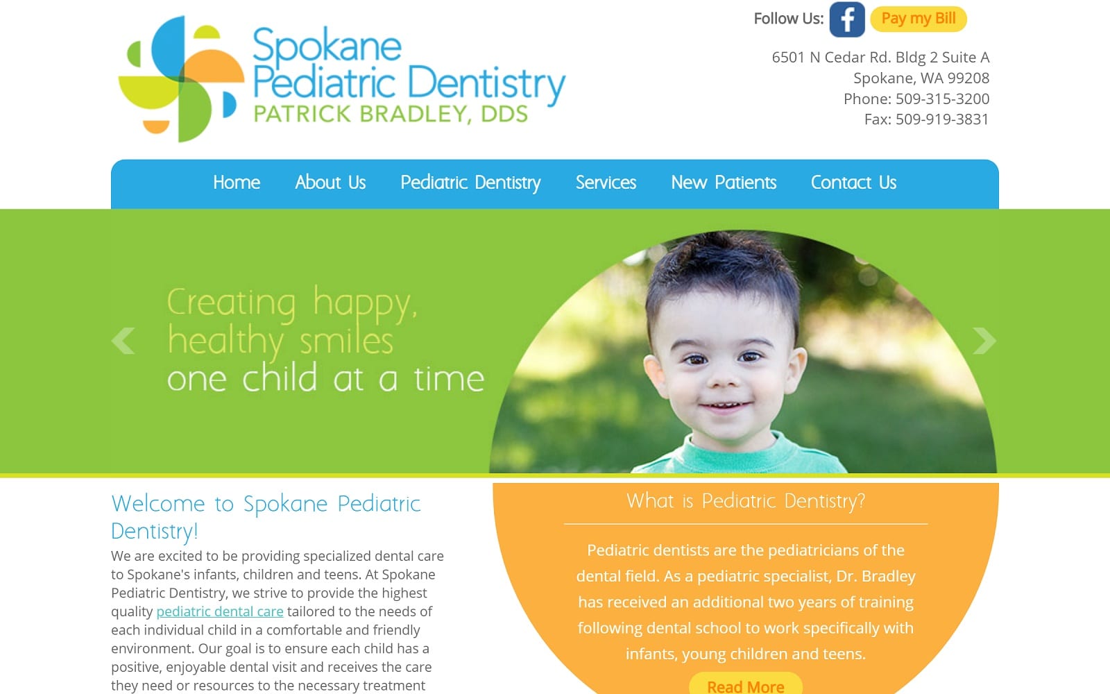 The Screenshot of Spokane Pediatric Dentistry spokanepediatricdentistry.com Dr. Patrick Bradley Website