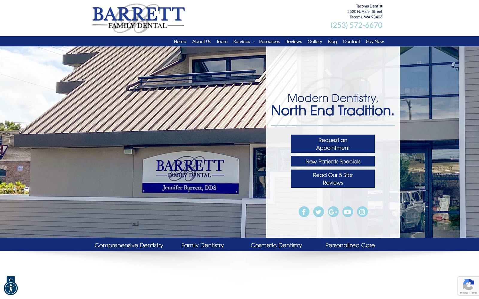 The Screenshot of Barrett Family Dental of Tacoma tacomawa.dental Dr. Jennifer Barrett Website