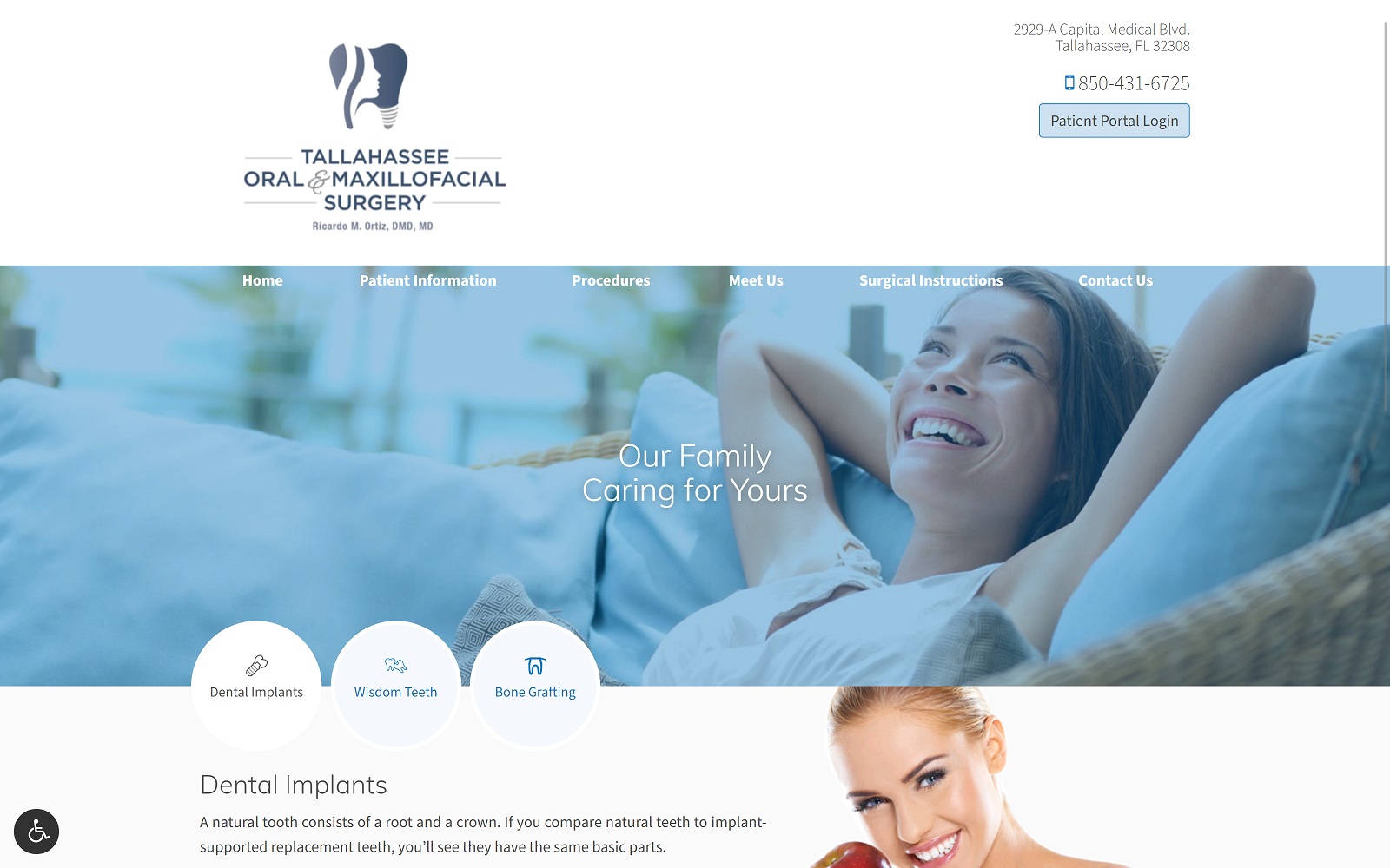 The screenshot of tallahassee oral & maxillofacial surgery tallahasseeoms. Com dr. Ricardo m. Ortiz website