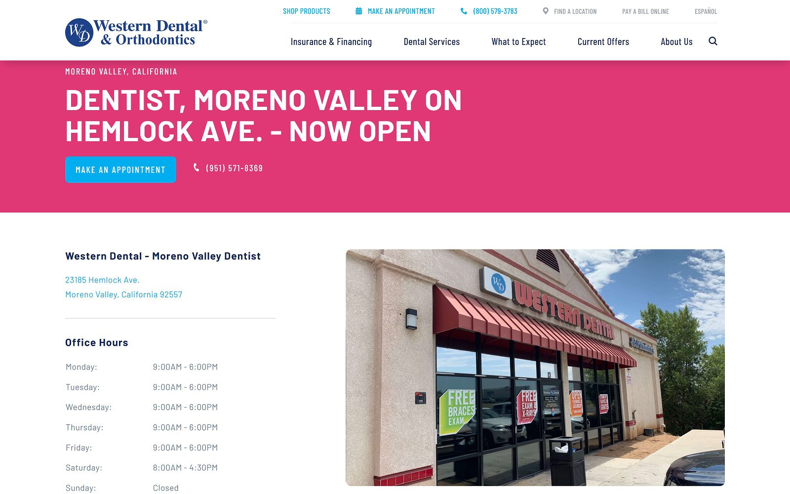 The screenshot of western dental & orthodontics westerndental. Com/en-us/find-a-location/california/moreno-valley/23185-hemlock-ave website
