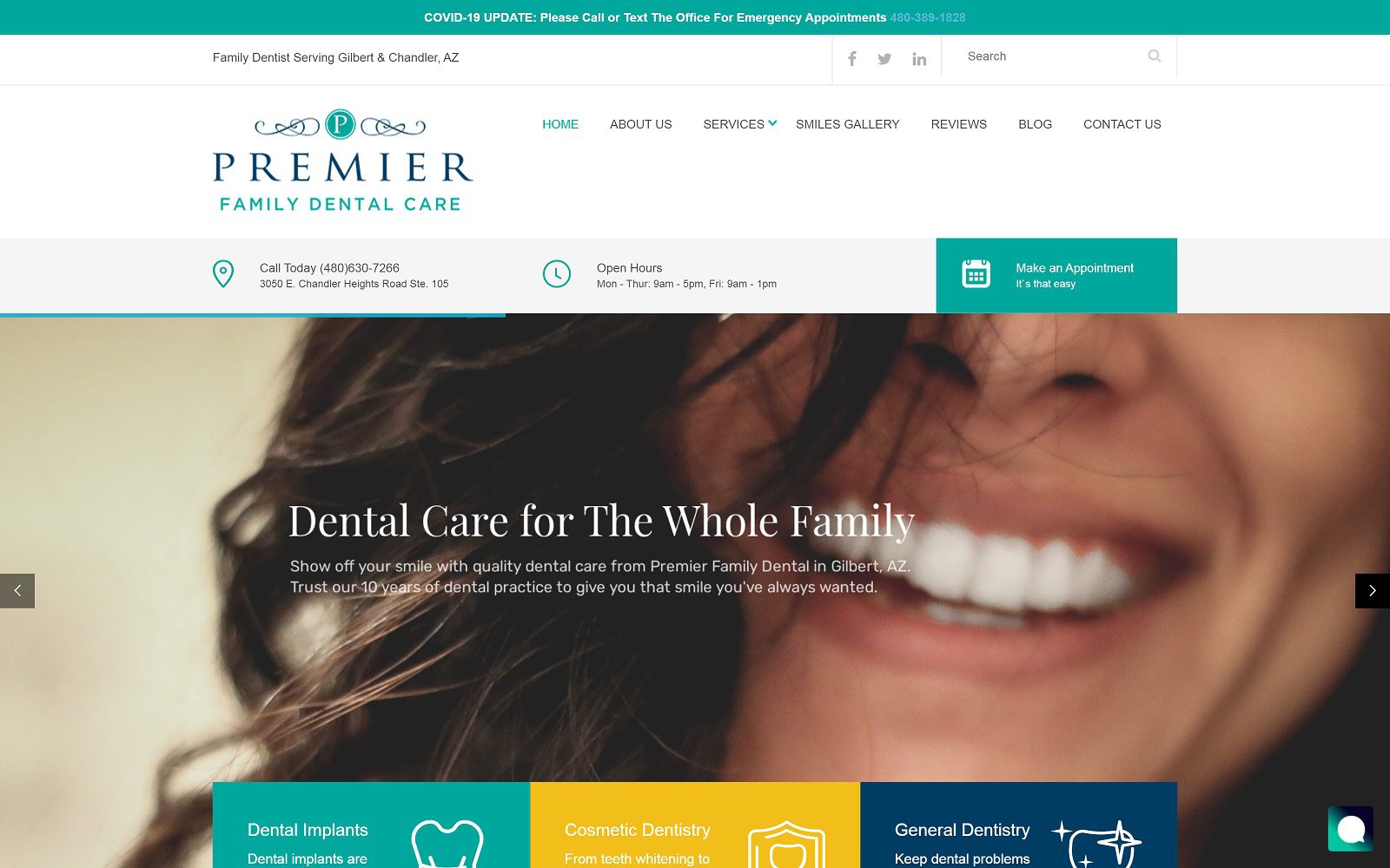 The screenshot of premier family dental care website