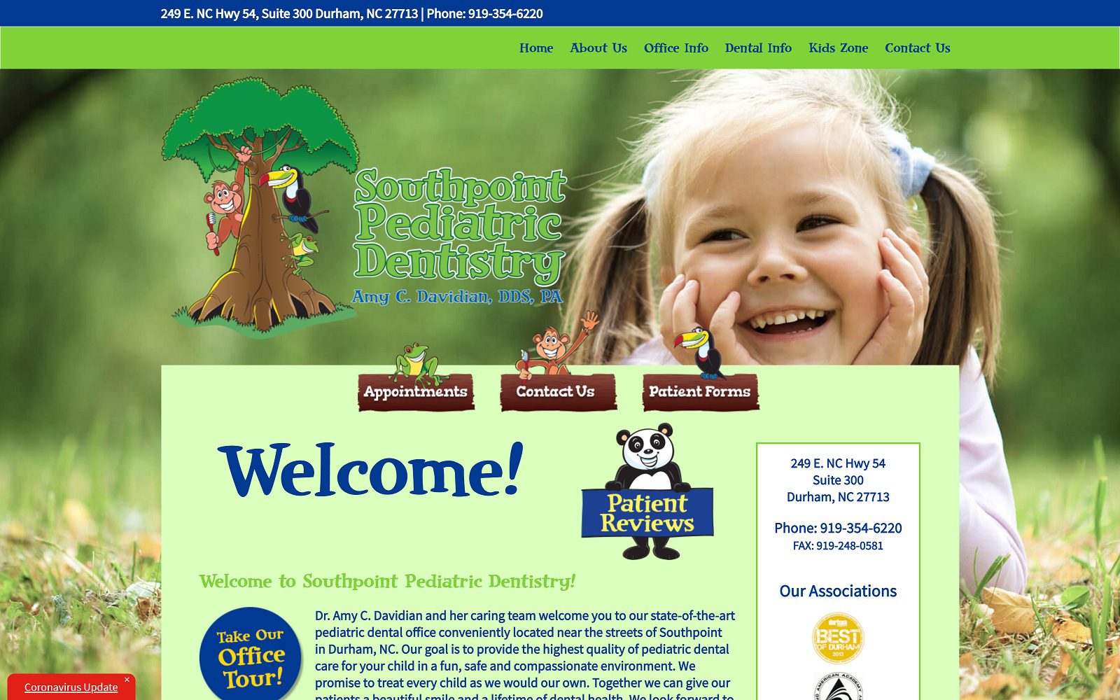 The screenshot of southpoint pediatric dentistry dr. Amy c. Davidian website