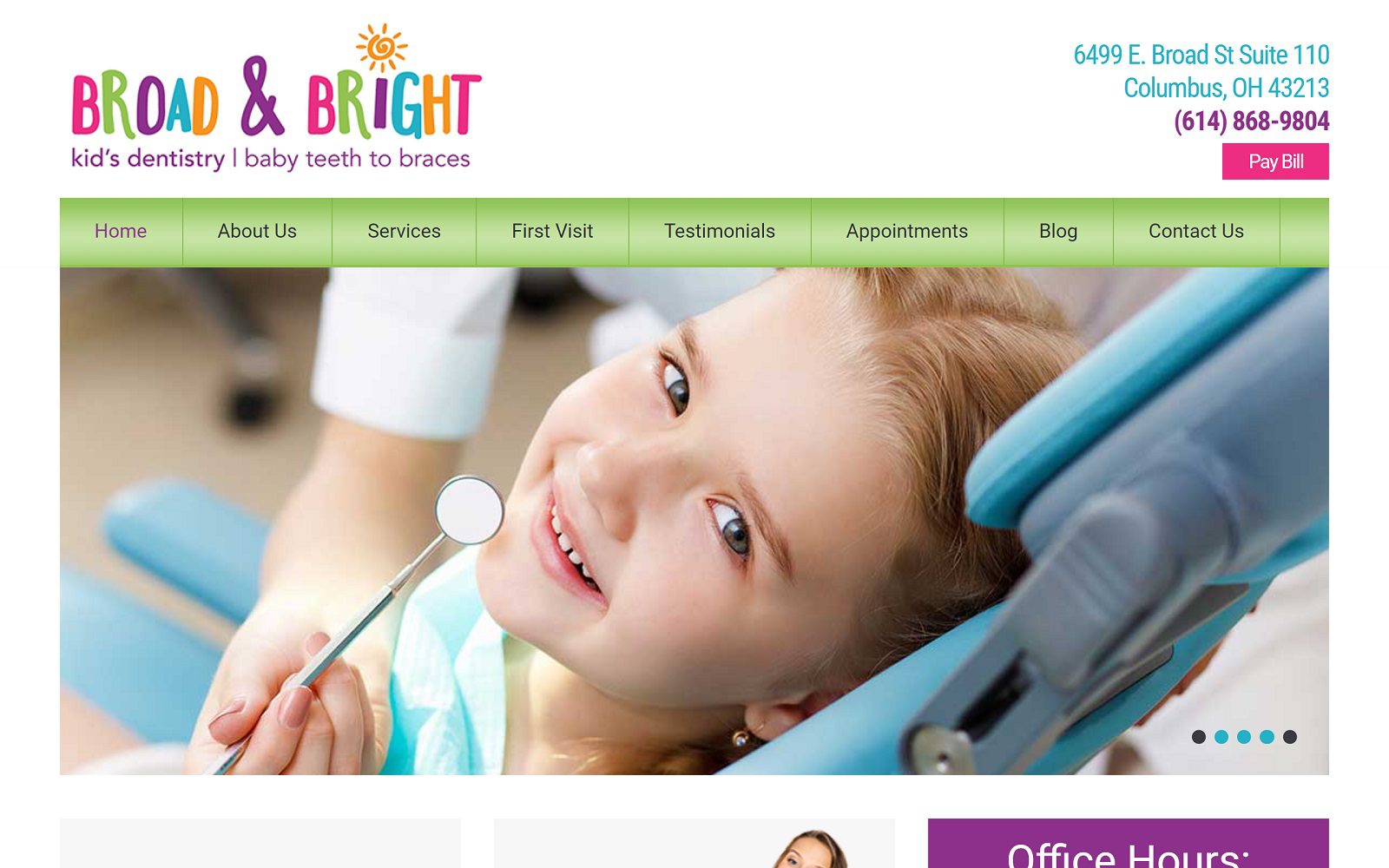 The screenshot of broad & bright kid's dentistry website