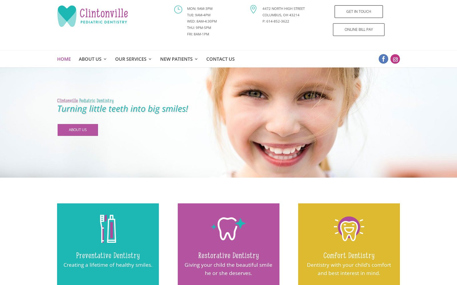 The screenshot of clintonville pediatric dentistry website