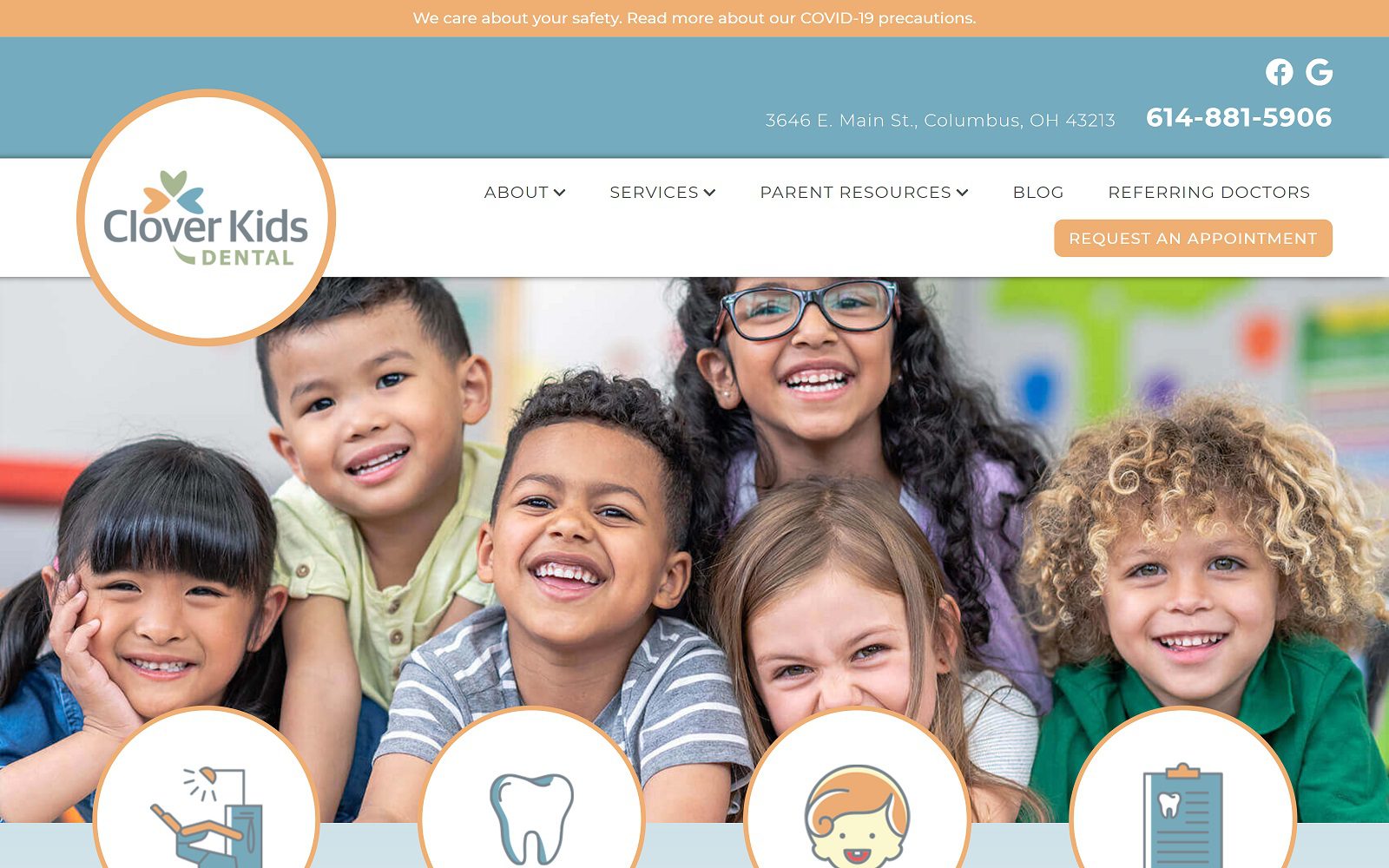 The screenshot of clover kids dental website