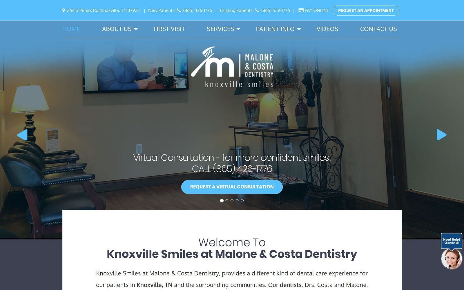 The Screenshot of Knoxville Smiles at Malone & Costa Dentistry knoxvillesmiles.com Website