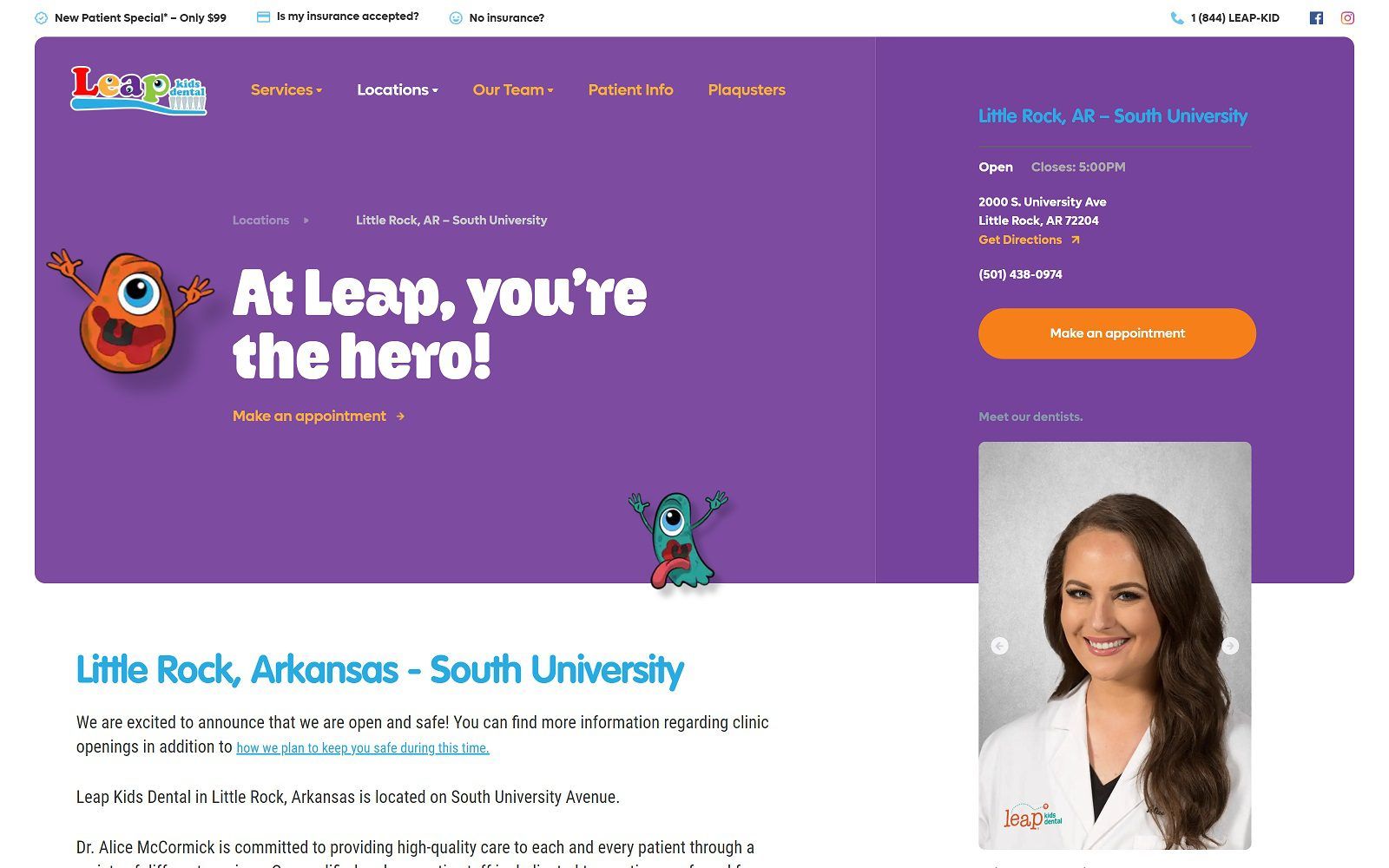 The Screenshot of Leap Kids Dental leapkidsdental.com/locations/little-rock-university Website
