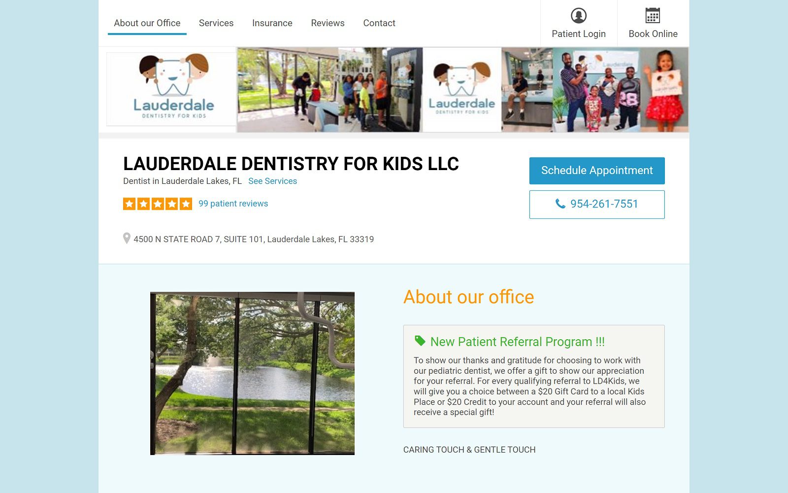 The screenshot of lauderdale dentistry for kids llc patientconnect365. Com/dentists/florida/lauderdalelakes/33319/lauderdale_dentistry_for_kids_llc website