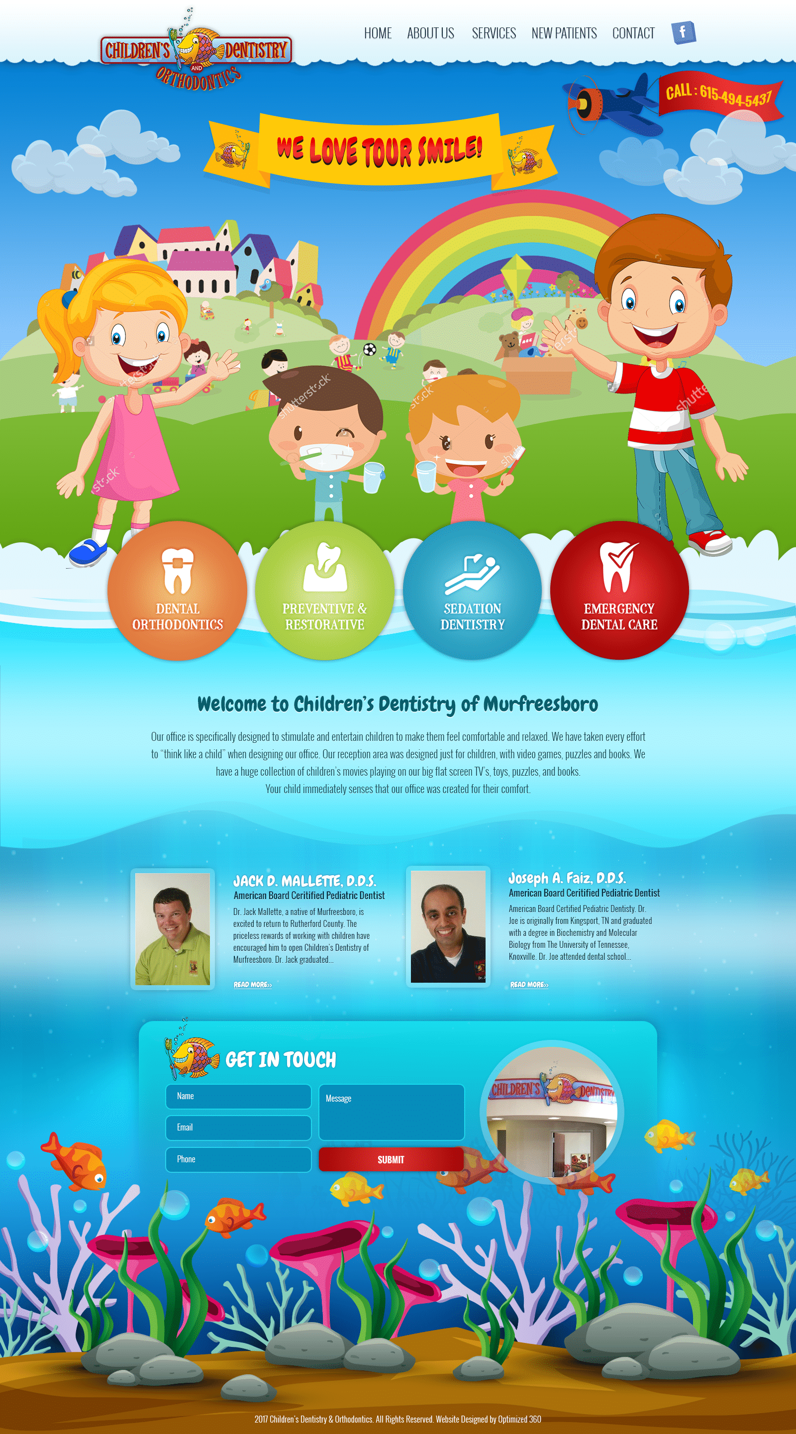 Screenshot of a colorful website of a pediatric dentist practice