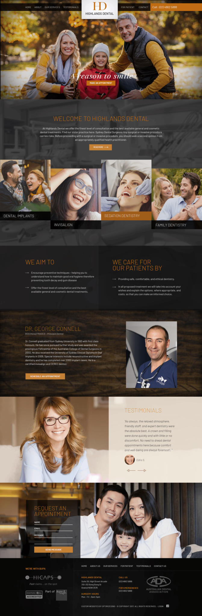 Screenshot of a dental implant specialist using nature and dark colors with yellow presenting a high-end practice